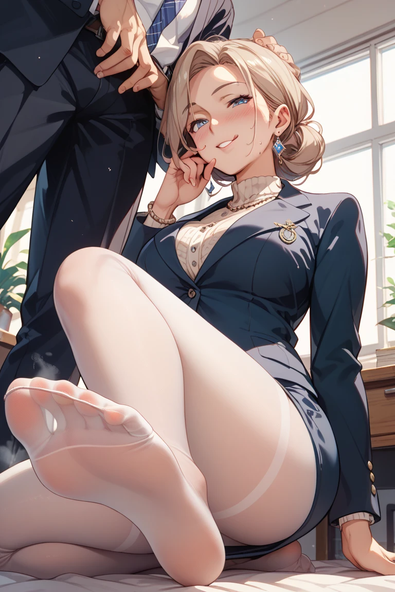 (masterpiece:1.2), 1 girl, blonde short hair, light green eyes, black suit, black pantyhose, 1 boy, penis, (footjob:1.2), nsfw, light smile, blush, cum on feet