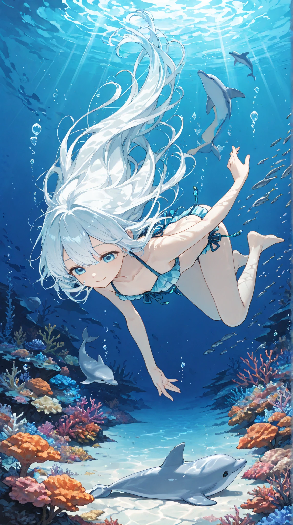 Kizi,long whitr hair,eBlue eyes,White hair,swimming uniform,ocean floor,There are fish,full bodyesbian,quadratic element