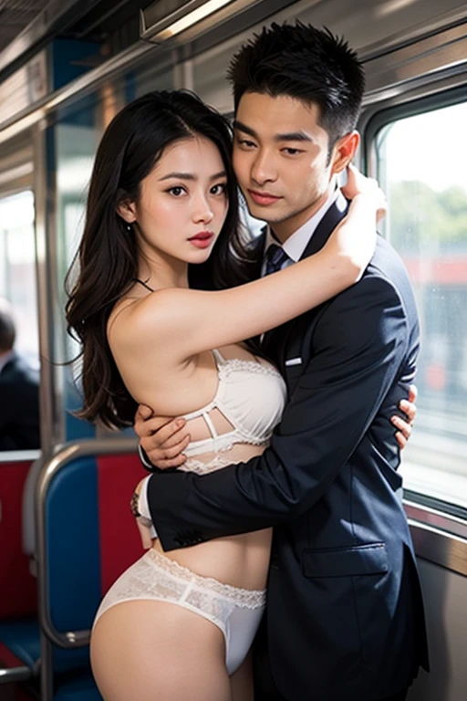 (in 8K、Raw photography、Highest Quality、realisitic、Photorealsitic、Professional Lighting、​masterpiece、extremely delicate and beautiful、Highly detailed、finely detail、ultra-detailliert、hight resolution、full-shot)、SFW、VERY crowded train detailed scenario、1girl in、Beautuful Women(woman 1)ha、Wearing a black jacket and black skirt、Beautiful face:1.5、Model body type、small tits、All passengers except one female are male.......:3、Men in suits、(woman 1)Touching the body of、male people(woman 1)hug from behind、male people(woman 1)Touching the chest of、male people(woman 1)Flip up the skirt of、I can see the white panties、Woman 1 is crying、shed tears
