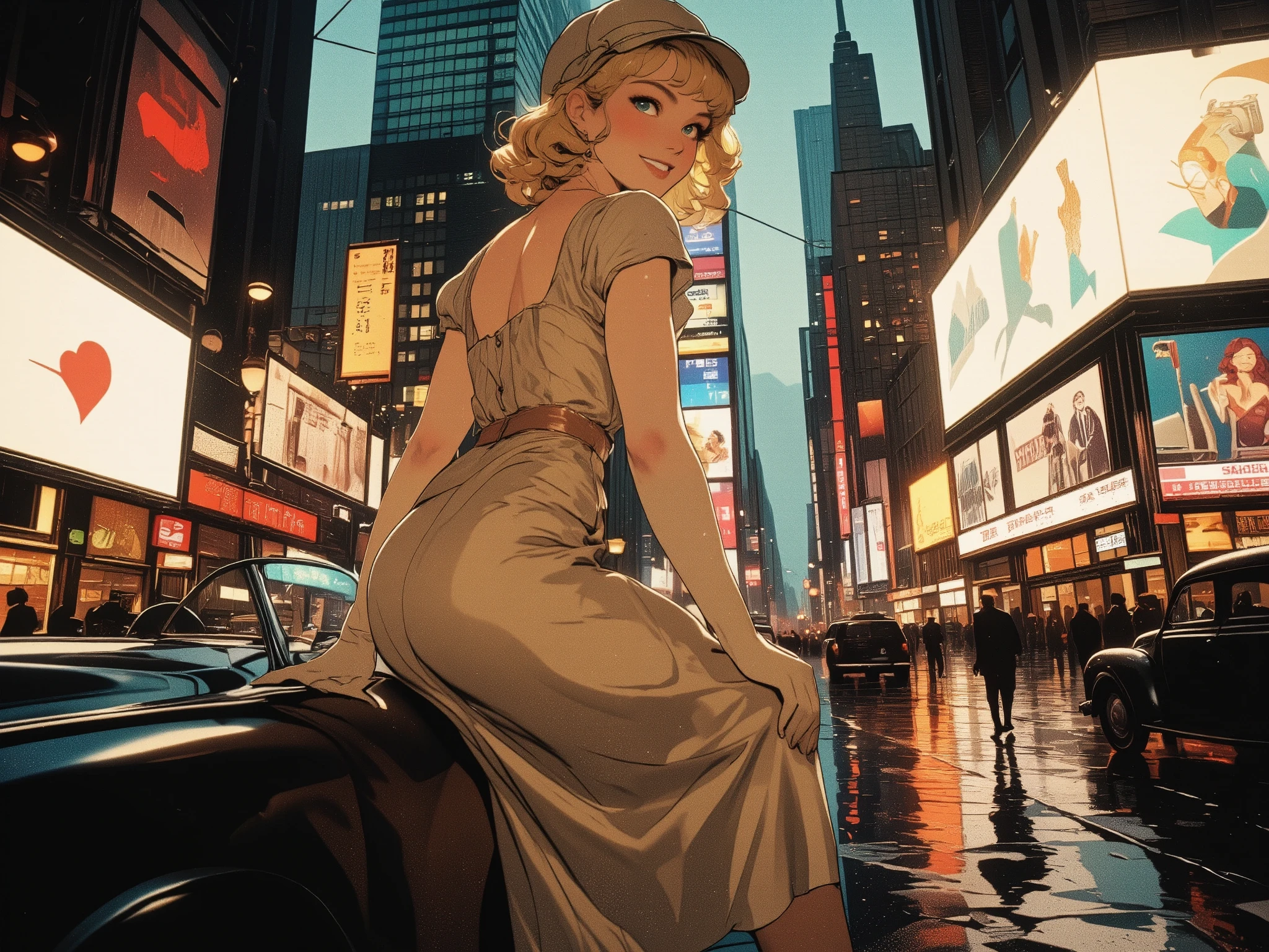 1930s, smiling elegant pinup girl in silk bias-cut midi dress, soft finger waves hairstyle, delicate geometric Art nouveau patterns, long gloves and cloche hat, smirk, high-heels,
eccentric posing on an Art nouveau city hometown with vintage automobiles and signs, soft diffused lighting, (clouded sky, rainy day),
surrounded by flashing digital billboards and vibrant neon lights, evoking the energy of Times Square,
as if she had been mysteriously transported into a futuristic city decades ahead of her time