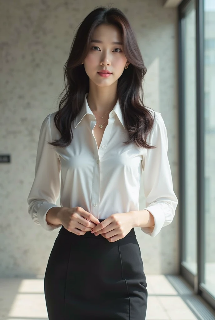 (1young girl), gentle face, (round eyes:1.2), (highly detailed face), smile, Amazing face and eyes, (Best Quality:1.4), (Ultra-detailed), (extremely detailed CG unified 8k wallpaper), Highly detailed, High-definition raw color photos, Professional Photography, Realistic portrait, Amazing face and eyes, indoors, office, (office lady, Tight Skirt:1.3), (A moment of relaxation), model, depth of fields, (fine face:1.2),