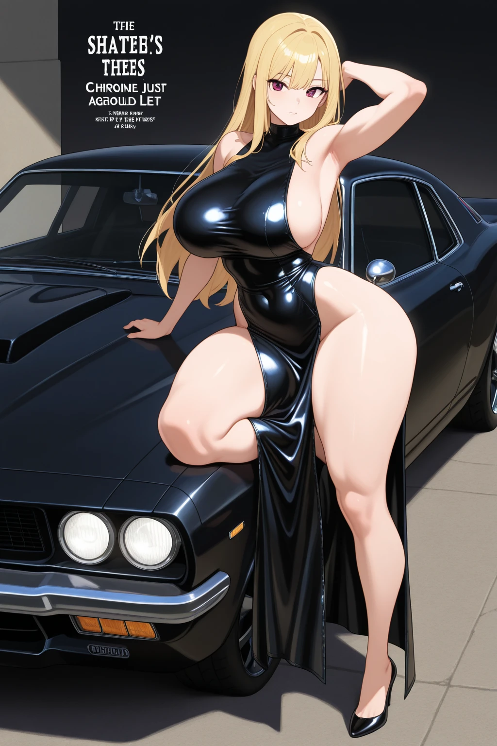 An extremely beautiful stunning voluptuous woman, with gold blonde long silky hair, big blue oceanic eyes, extremely super bright snow white fair stunning flawless glowing lush shiny white skin, and complexion, a perfect tight hourglass figure, and a skinny waist, wearing a short sexy tight revealing black latex strap dress, gold chain on the waist, white platform heels, gold necklace on the neck, black anklets on feet, sexy luscious thick smooth legs and thighs, sitting legs crossed, show full body from head to feet, big car in the background.