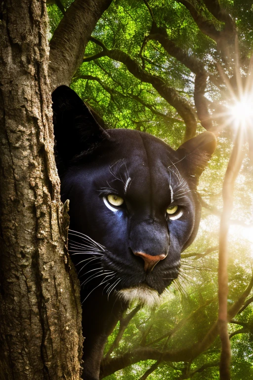 One night in the rainforest in a tree there is a black panther 