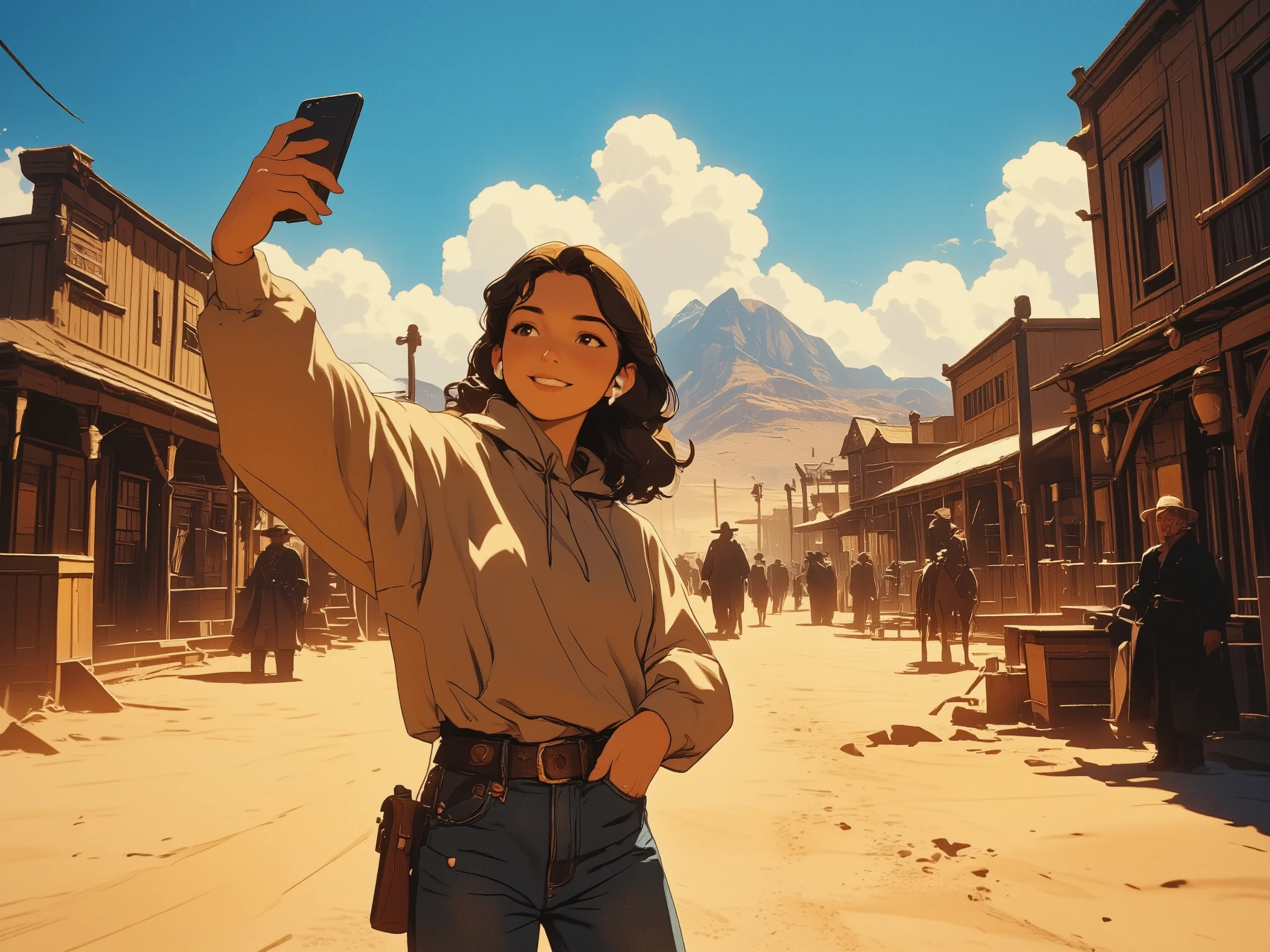 a modern young woman in a hoodie and jeans, holding a smartphone, wearing wireless earbuds, taking a selfie with a relaxed smirk,
standing in the middle of a dusty 19th century American frontier town, with wooden saloons, wagons, horses, and rugged townsfolk in cowboy attire,
dry prairie landscape, clear blue sky, warm sunlight,
striking an anachronistic contrast — she looks utterly out of place, yet calm, as if unaware of the century she’s in