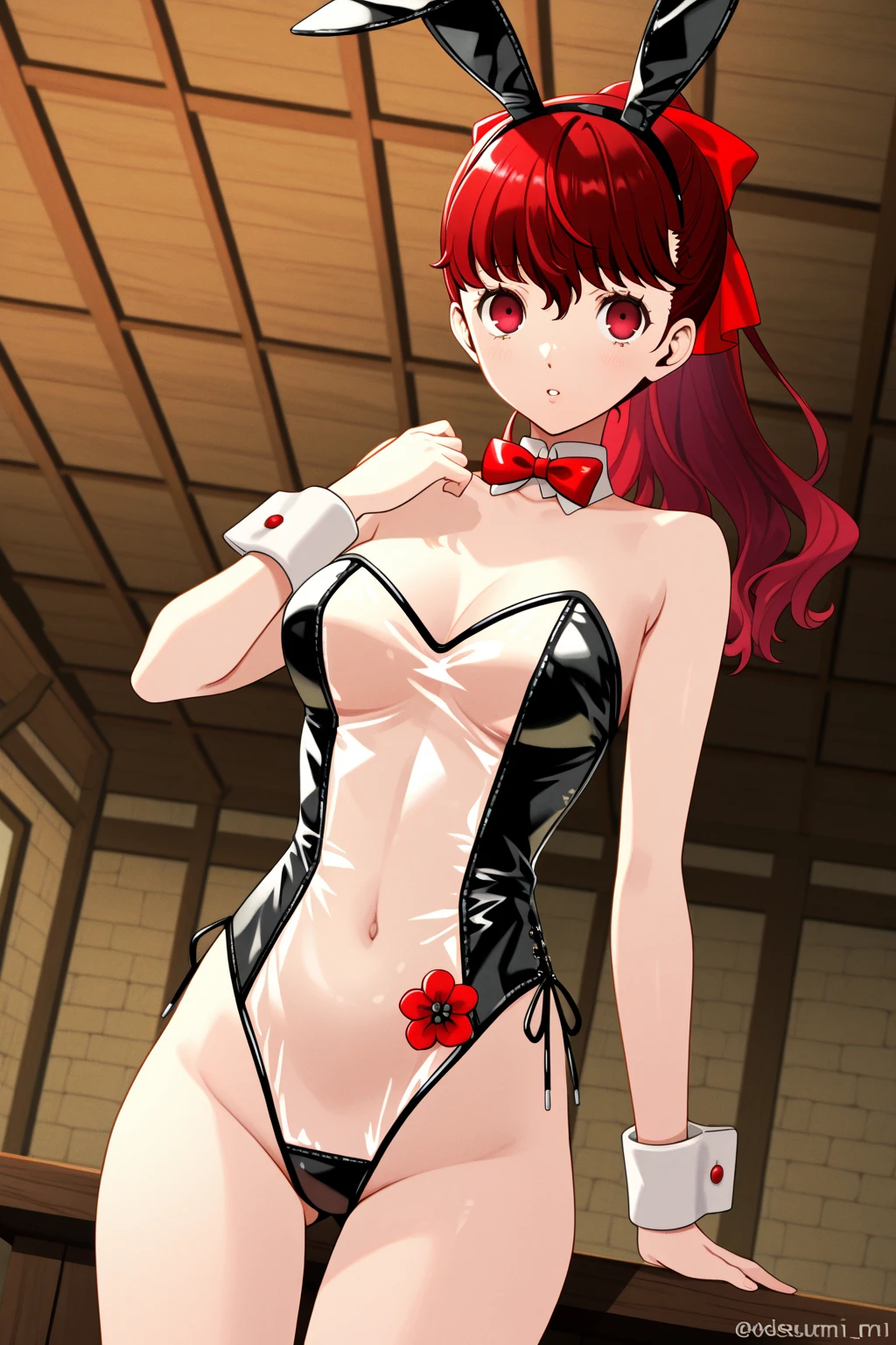 An anime girl with red hair and blue eyes wearing a skirt and an open shirt revealing a black and red bra