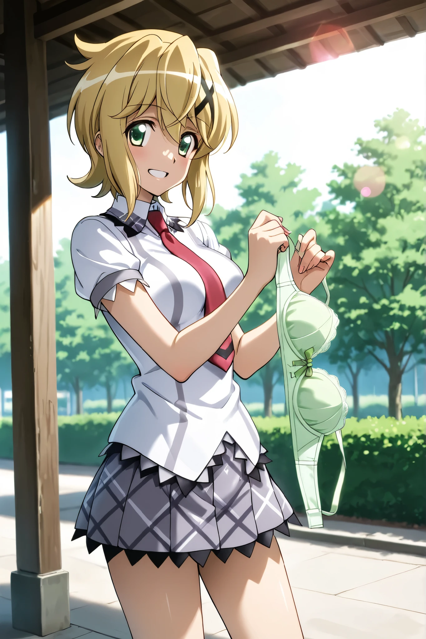 symphogear, akatsuki kirika, Smiling、Focus on face、最高のSmiling、cute、Lens Flare、Shining Contours、日本の通学路 background、outdoor、sideways glance、((She is holding her removed bra in her hands))、school_uniform, shirt, short_sleeves, pleated_skirt, red_necktie,緩いネクタイ、胸の谷間、小さな胸