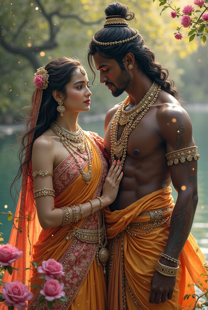Beautiful couple of Mahabharat Arjun in white gold plated dhoti, bare upper body with ancient indian male jewelry, necklace with Subhadra of fair l, soothing, glass skin with golden glow in red saree and gold jewelry in romantic pose