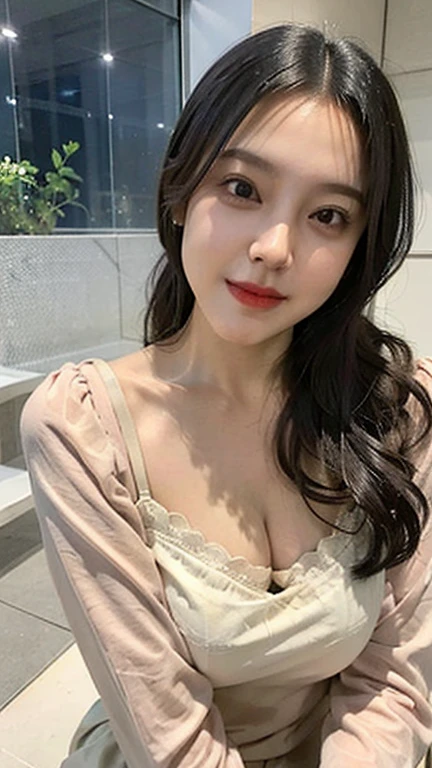 highest quality, shape, Very detailed, finely, High resolution, 8k wallpaper, Perfect dynamic shape, Beautiful and detailed, Summer clothes,Medium Hair,Natural color lip,smile,20-year-old girl、Midnight、Beautiful and elaborate face、Perfect and beautiful face、Slim face and figure,spread your arms wide,Big eyes,Take a photo with your face raised from below your knees、Small face、Beautifully detailed face、Perfect and beautiful double eyelids、Big cleavage、Long, slender legs、One Woman、gravure、Watching the audience、stroll、bedroom、full body、Night view