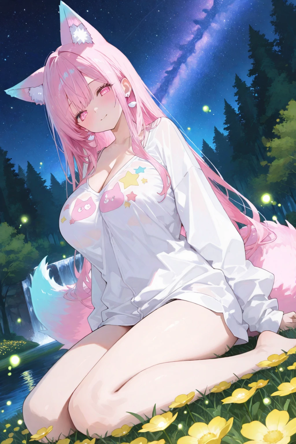 女の子1人、Pink hair、Medium hair、fluffy and soft hair、I'm wearing the hood of a hoodie.、Pink eyes、There is a ribbon on the hood of the hoodie.、undergarment、cleavage of the breast、very large breasts、Navel Ejection、Enchanted breasts、Enchanted thighs、bow ribbon、Tongue licking、a smile、bending forward、Neon Street、Night city、Neon light、a moon、a choker、top-quality、Masterpiece、