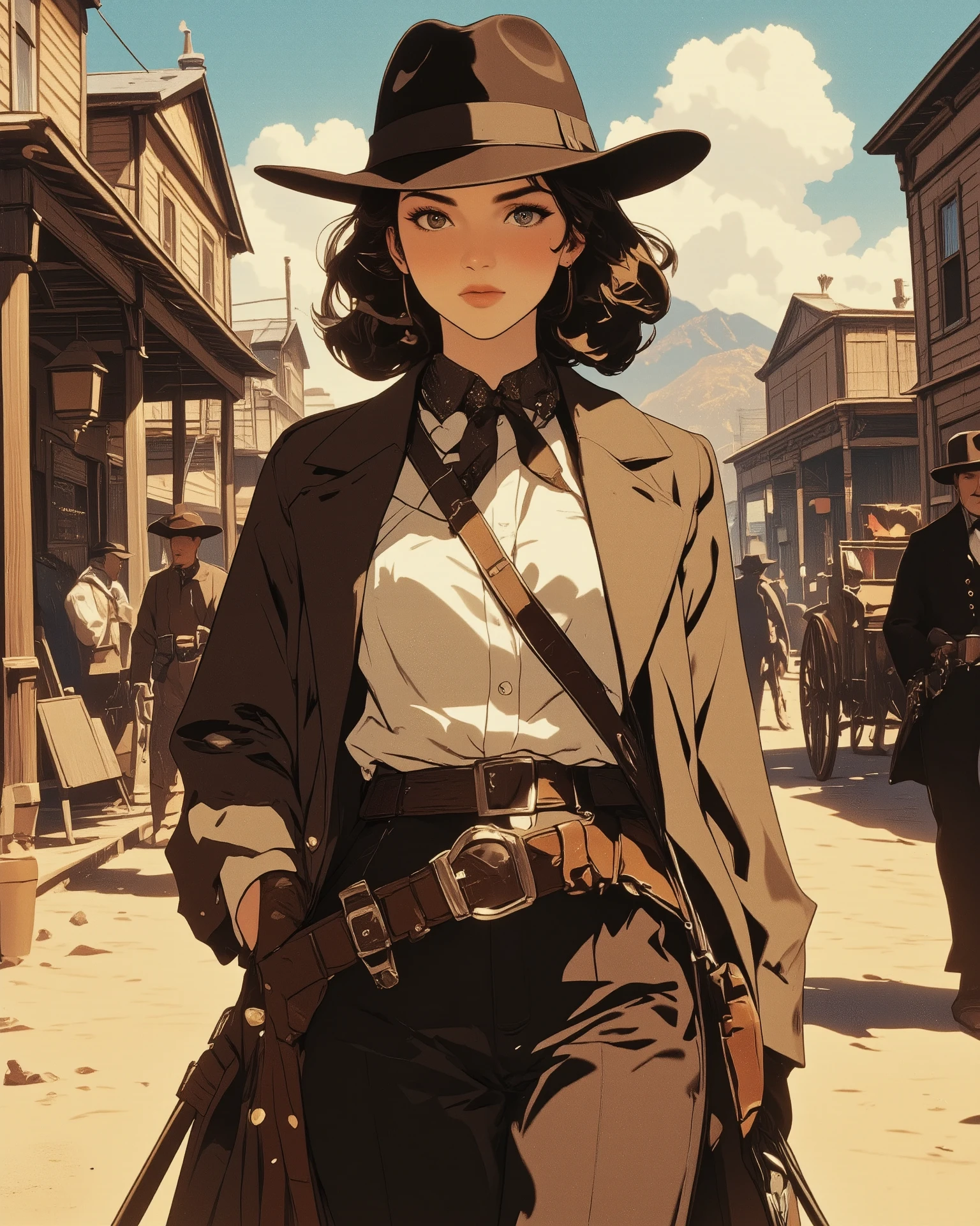 a 21st-century woman casually walking through an old wild west town, surrounded by cowboys and horse-drawn wagons,
sometimes pausing to observe, sometimes engaging with locals or objects,
her modern attire and confident expression clash humorously with the rustic surroundings
