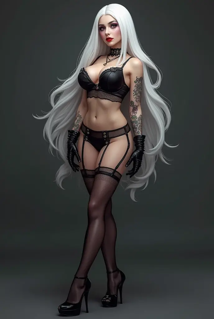 photorealistic, high resolution, soft light,1women, solo, hips up, shining skin, (detailed face),tattoo, jewelry, black lace pantyhose, black stockings, garter belts, night, white hair, wavy hair, Beautiful Soldier, Eyes That Invite Viewer, Lover's Perspective, Inviting Expression, Sexy Smile, Perfect Style, Perfect Balance, Detailed Skin, Naughty Gaze, Chest Visible
