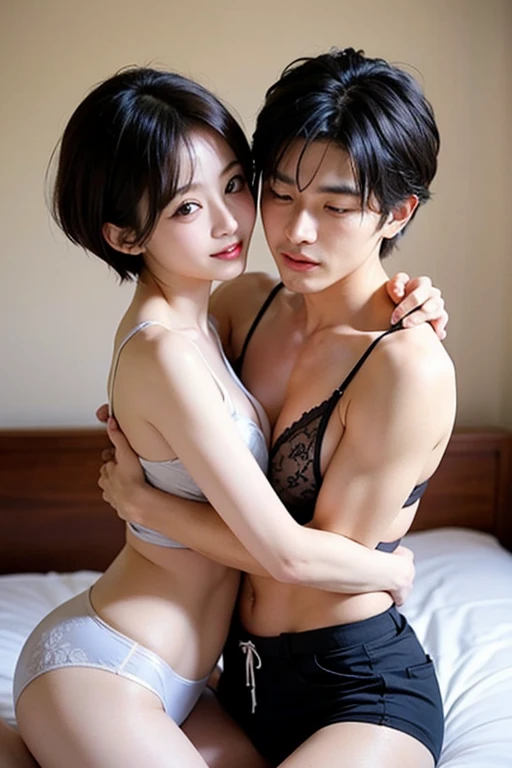 One man in a bedroom with two beds、1 female。Kiss between man and woman, With a woman on her shoulders, barechested。Modern bedroom, big bed, flower pots, Flowers on the floor, jpn。the night, lamp lights, Soft light, nighttime scene。Very detailed, Beautiful body, Clear Image, Commission for high resolution, close scene, Romance Novel Cover, Figure 8K, Realistic art style, Professional illustration, Artistic cover, Stylized works of urban fantasy, Realisticity。Realistic Photos。a couple。Females have a clear body。Women have plump breasts。Undressed、breasts are exposed。Males are slender and、light skinned、short-hair。Middle aged figure lying on bed、Woman sitting with legs open。In cowgirl position、Woman rides。Both of them naked。