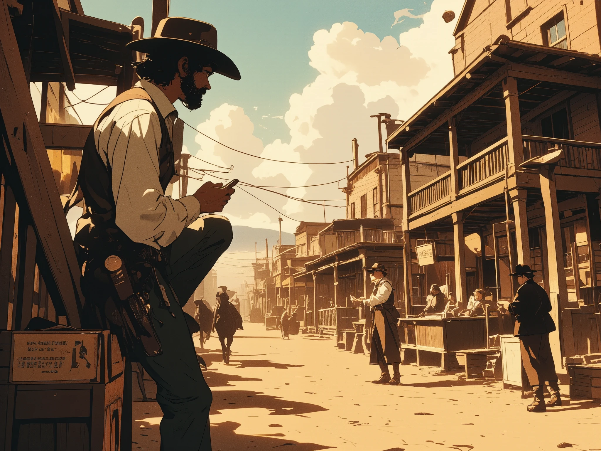 import random

actions = [
    "taking a selfie",
    "talking to a cowboy",
    "pointing at a horse",
    "leaning on a saloon wall",
    "sitting on a wooden crate",
    "checking her phone",
    "laughing with a local child"
]

chosen = random.choice(actions)
print(f"a modern woman {chosen}, in a dusty frontier town...")
