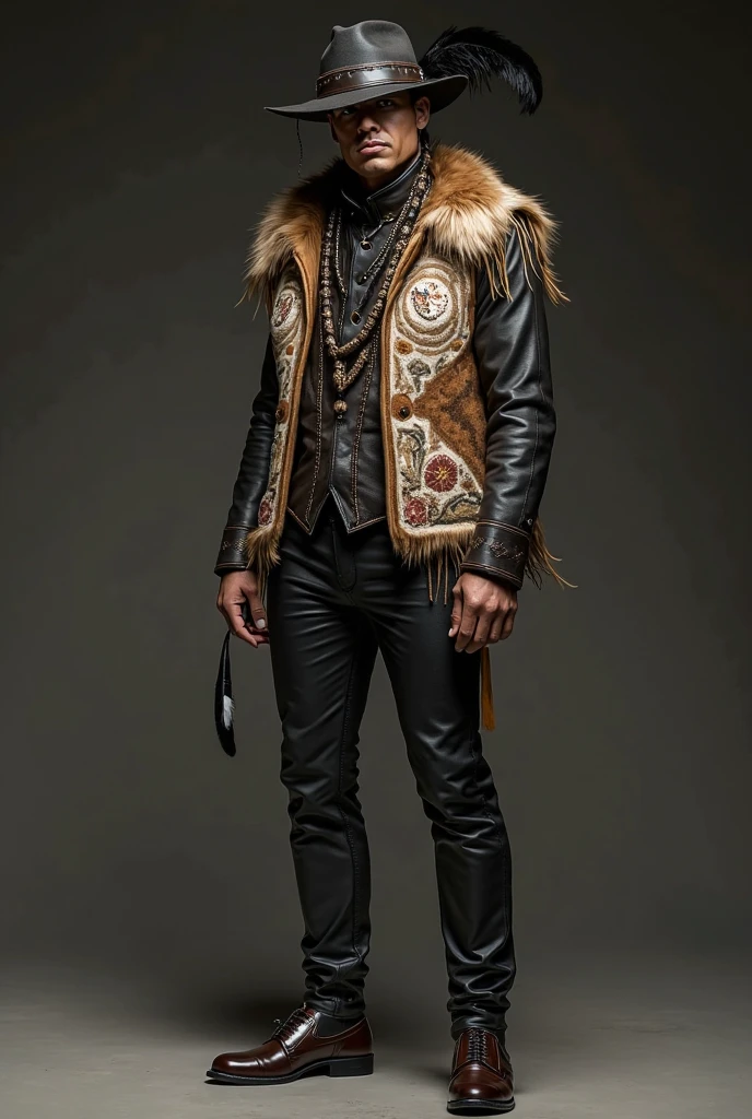 a 21yo guy with shoulder length brown hair and red eyes and tanned skin who only wears a brown overcover with tribal drawings and white fur on the edges shirtless with red tribal tattoos and wearing black leather pants with crocodile boots