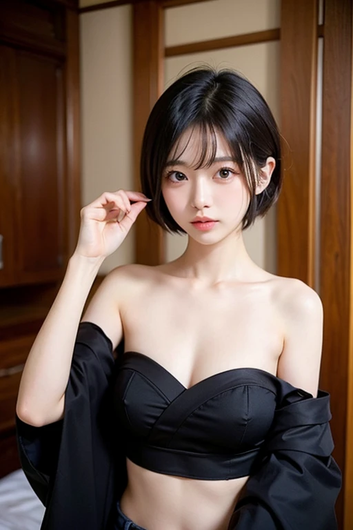 1 beauty,Perfect beauty,party venue,black short hair、28 years old、sex appeal、boyish、cool、luxury、small face、beautiful clavicle、highest quality、Pancake muscles、earrings、necklace、gorgeous、black dress with deep neckline、small breasts、Wistful expression、sexy、back