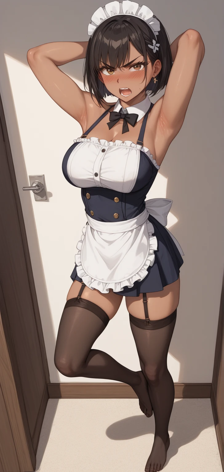 The body is slim、Masterpiece、Highest quality、Highest quality, (after that, shoes:1.2), Arm behind wrist, Standing posture、Long legs、1 girl, Ahegao, Cute eyes, black eye, Open your mouth, Drooping, The whole face turns red, alone, Crotchless panties, Big and ample breasts, (Straight bangs, bowl cut), White maid outfit、Side bust、Underbust、belly button、Walking through the mansion&#39;corridor