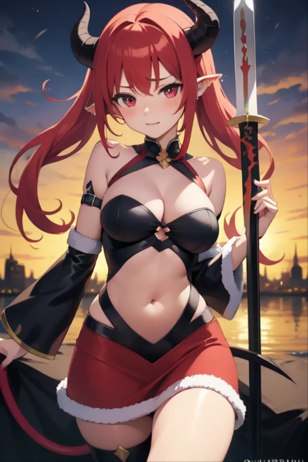 masterpiece, bset quality,detailed and clean eyes, big, hyperdimensional legend Lal, 1girl, emphasizing big, shiny skin, shiny big, 4k, female knight fighting brave monster, 1 girl,(red armor, red thong bikini、white cape、red wristband、red thighhighs、navel) , cleavage, constriction, (orange hair, long ponytail, bangs, green eyes), swords, dungeons with stone walls, background blurred, sweat, blush, shiny hair,