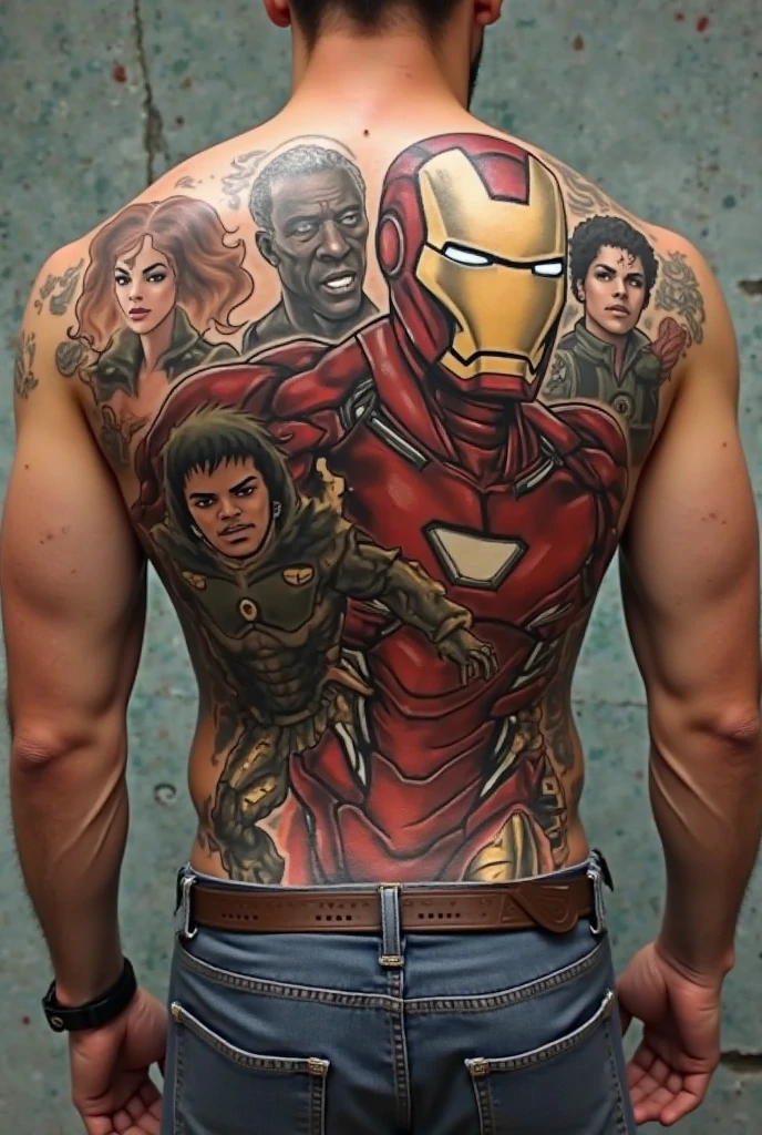 man with a striking tattoo of the ukiyoe style ironman, <lora:tattooback:0.5> ,ultra-detailed,(best quality),((masterpiece)),(highres),original,extremely detailed 8K wallpaper,(an extremely delicate and beautiful)