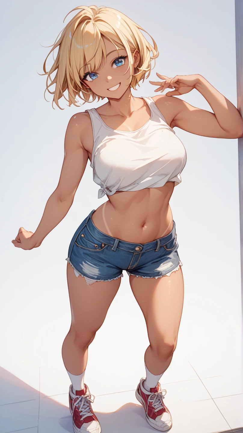 (masterpiece:1.2), (highest quality:1.2),, Curvy but slender body, perfect eyes, perfect face, perfect lighting, 1 girl, in the garden, （shake your hips），（feet visible），（dance violently），（shorts），（Tank top），（ponytail），curly hair, Fine clothes, Detailed outdoor background, compensate, eye shadow, thick eyelashes, fantasy, looking at the viewer, whole body，alice in wonderland、blue sky、Bright and very beautiful face、young shiny glossy white shiny skin、the best beauty、The most beautiful bright blonde hair in the world、thin hair、long hair、Shining beautiful bangs、Glowing crystal clear big blue eyes、Very beautiful and lovely 18 years old, the most beautiful girl in the world、small breasts