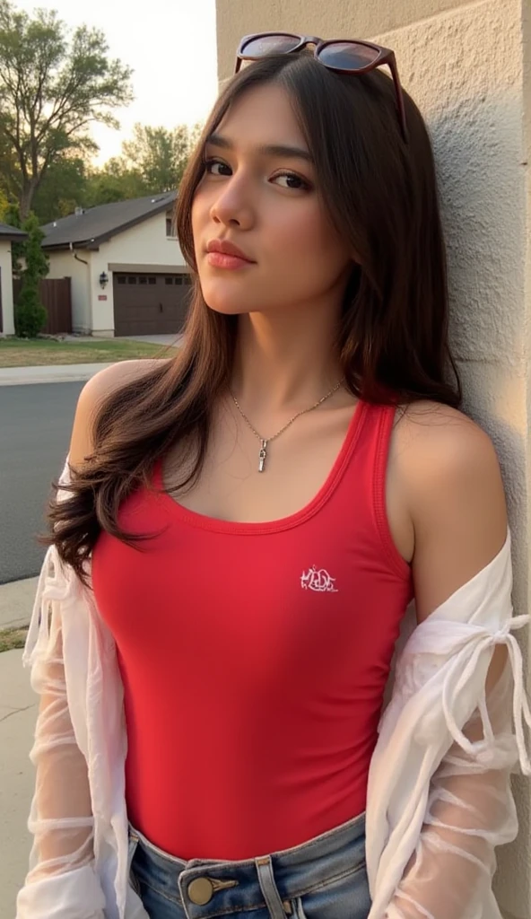 teen beautiful girl big Bob's red t shirt and hot pant