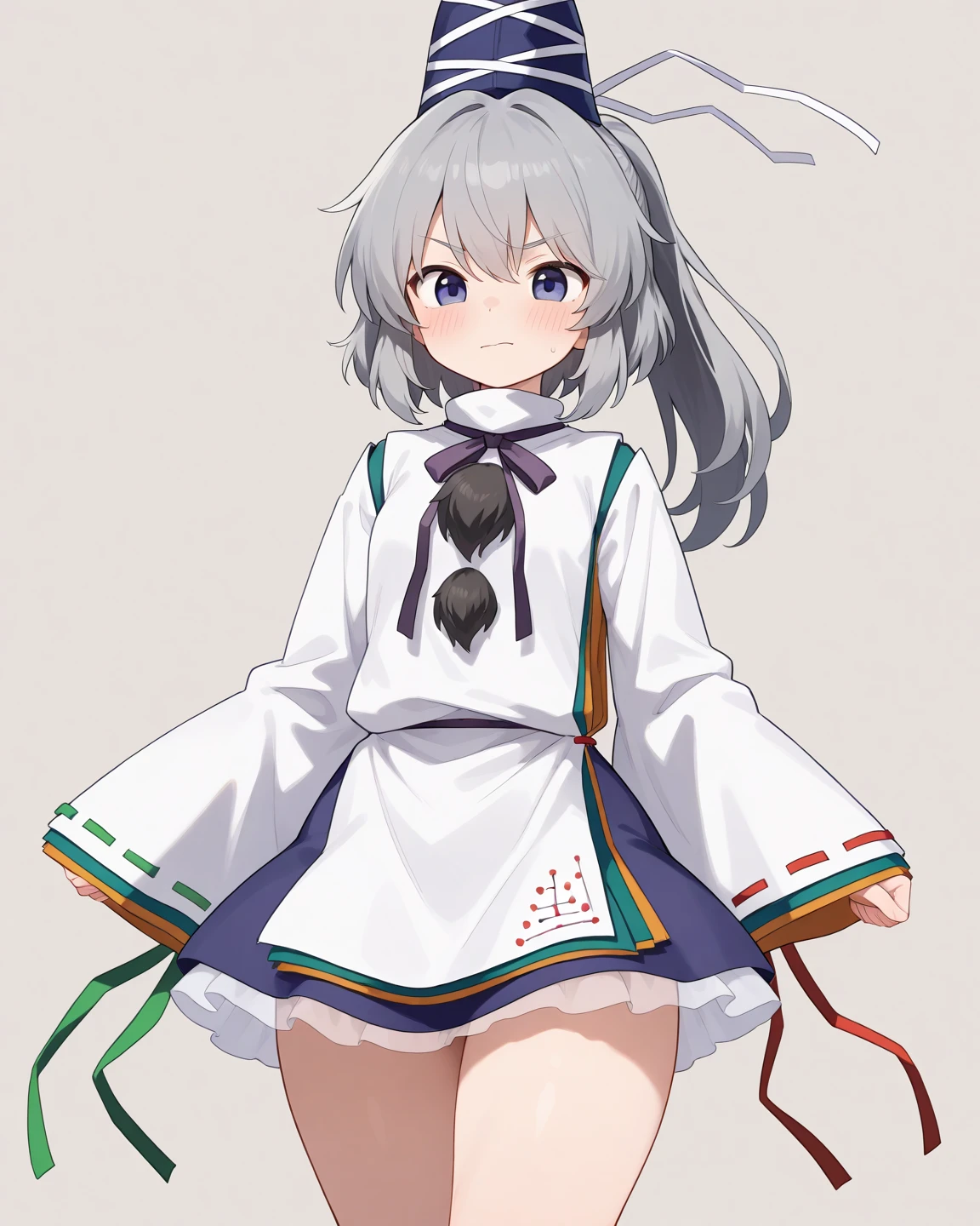 mononobe no futo, One Woman, Long sleeve, Sleeves edged with ribbon, Gray Hair, blue eyes, Proud face,
Underbust,  Medium Chest, Butt,Thighs,Plump，milk,Underarm,Underbust，vapor，High Leg,Jump,Low Angle，Please spread it with your hands,Embarrassed face,look back，lotion，Buttを揉まれる