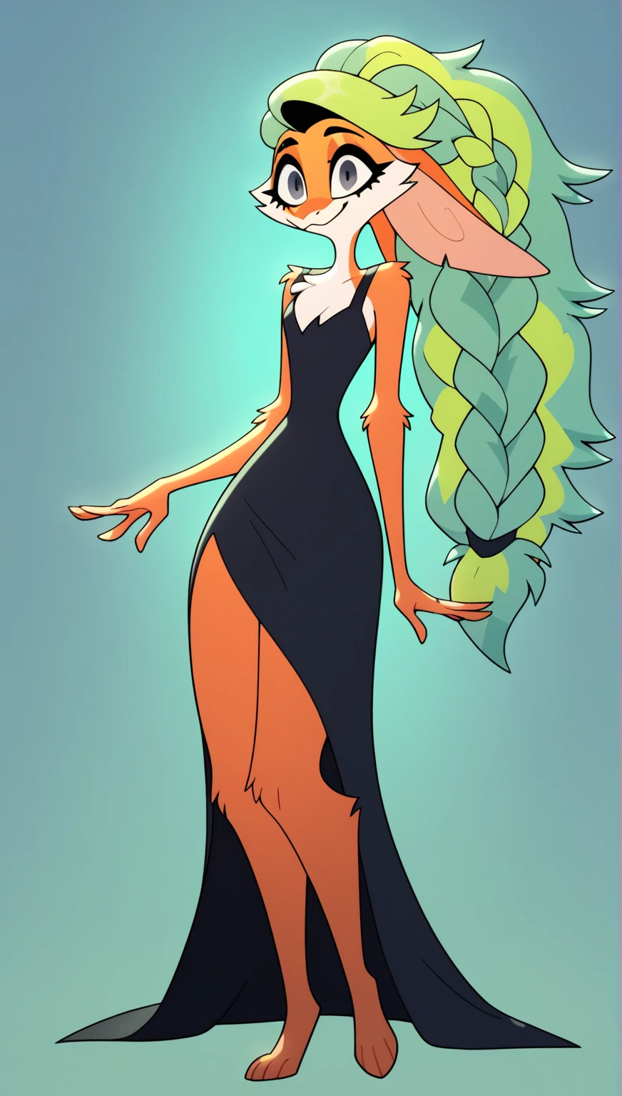 masterpiece, best_quality, 1girl, solo, gardevoir, creatures \(company\), game freak, nintendo, pokemon, pokemon \(game\), bangs, colored skin, female focus, gen 3 pokemon, blue hair, blue skin, hair over one eye, multicolored skin, pokemon \(creature\), orange eyes, short hair, two-tone skin, white skin, black dress, mega gardevoir