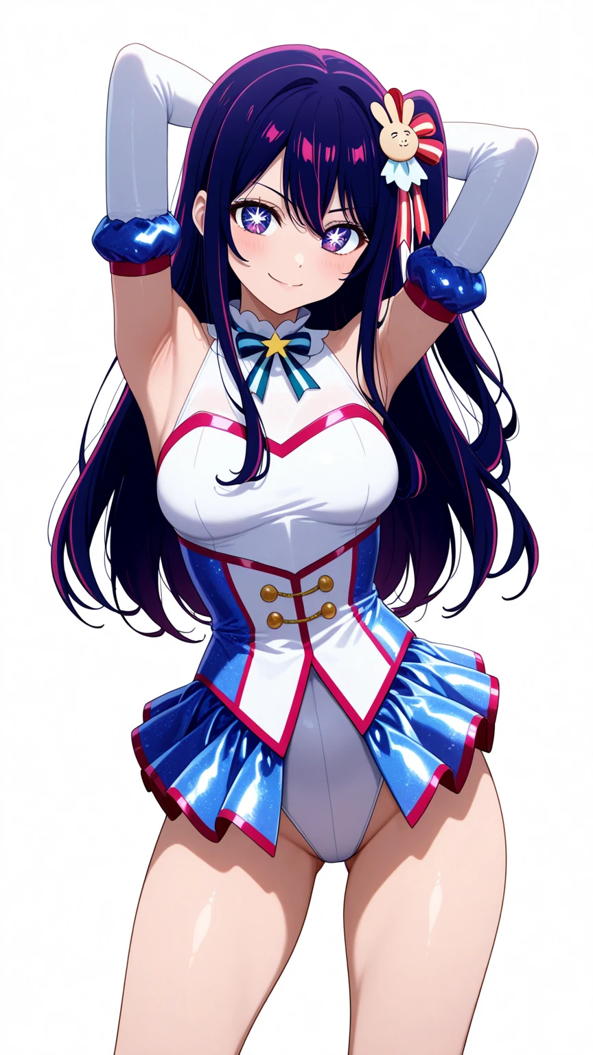 8K, Attractive, intensely detailed, 20 Year Old Girl, sexy and attractive woman with dark, black hair. She has beautiful sky-blue eyes with a heart inside. She is dressed in white, short and unbuttoned shirt. She is wearing a blue miniskirt. Her skirt is lifted up, Under the skirt are the light outlines of the thighs of a girl without panties. A sexy body is seen along with a bare belly and chest. She stands with her back, Turning a little to face us.