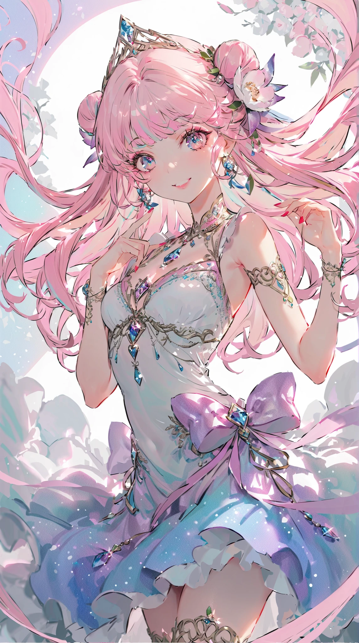 ((best quality)), ((masterpiece)), (detailed), 1 girl, anime girl, ((axolotl girl)), monster girl, blush, gentle smile, pink hair, princess dress, flowing dress, exposed shoulders, underwater background, ((large breasts)), floating pose, teal eyes, beautiful, {intricate outfit}, ((absurdres)), front view, (thick thighs), tiara, barefoot, anklet, transparent sleeves