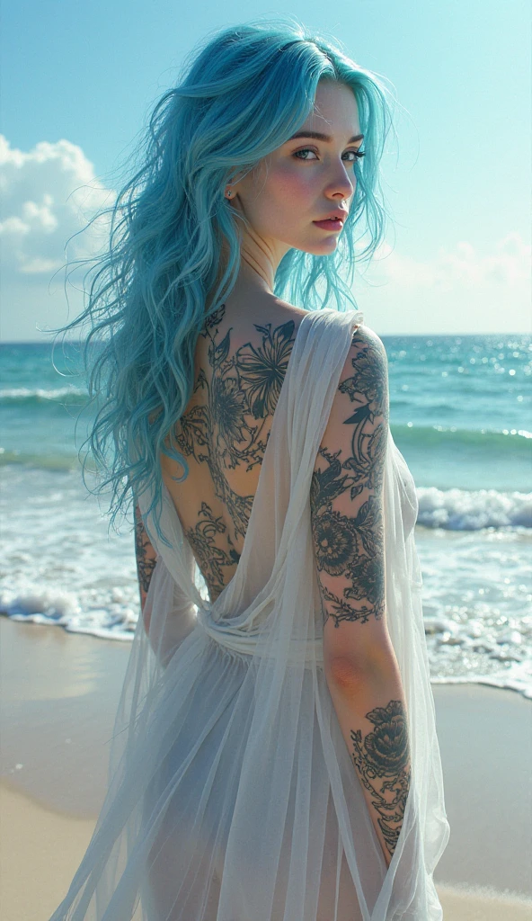 a wonderful woman, long blue hair, perfect face, perfect eyes, muscular body, tatooed, sexy posing in a futuristic bikini, sunset lighting