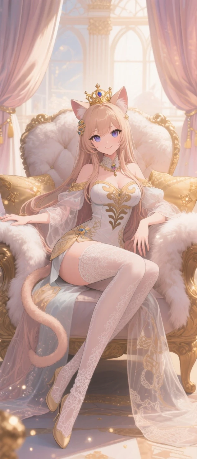 (MASTERPIECE), (Best Quality), (Ultra Detail), Official Art, One Girl, Golden Haired Loli, Petite Little Girl, Saint Lori, Priestess, Gold and Silver See-Through Dress, Sleeveless, Off Shoulder, Small, Small Breasts, Cleavage, Underboob, Thigh Focus, Navel Out, Beautiful Eyes, Sitting on a Red and Gold Chair, Card Illustration, Temple, Wallpaper