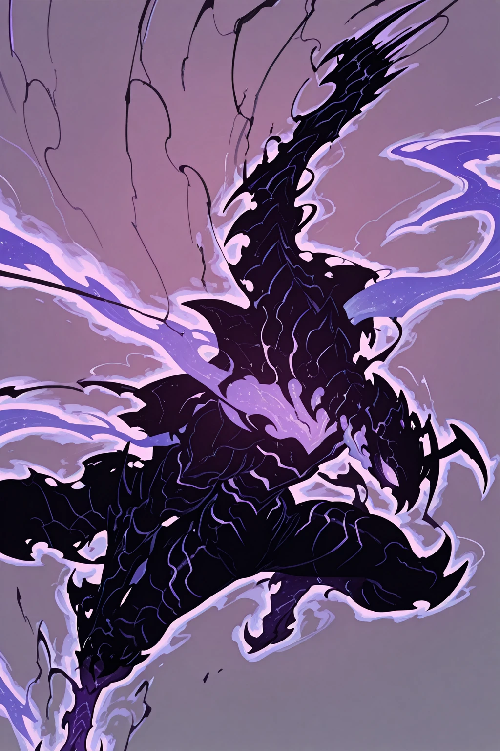 background, world of shadows, effects of smoke or mist in shades of dark purple to create a mysterious atmosphere, Add silhouettes of shadowy objects or creatures in the image. You can include twisted trees, Gothic buildings, mythological creatures or fantastic beings. These silhouettes should be dark, almost merging with the black background, and have subtle details to keep the air of mystery, Add points of light or purple glows scattered throughout the image to give a touch of magic or supernatural energy, Add small details such as floating particles, abstract patterns in purple and soft shadows, to enrich the overall composition and add a sense of depth Surrealism, Hyperrealism, cinematic lighting, motion blur, blurry, bright light, god rays, reflection light, flower, mix, projected shadow, film grain, masterpiece, high detail, high quality, 1080P, 16k