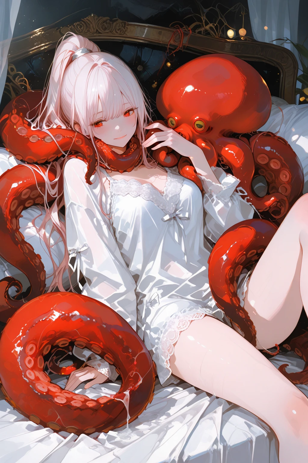 (((Panties and NNO bra))),, warm lights，A girl on the beach、obscenity、Perverted、small heads、Red blush、A look of despair、,teardrop、无袖、Navel ejection、pissing、Tentacle touches crotch、Tentacles grabbing butt、１Huge octopus