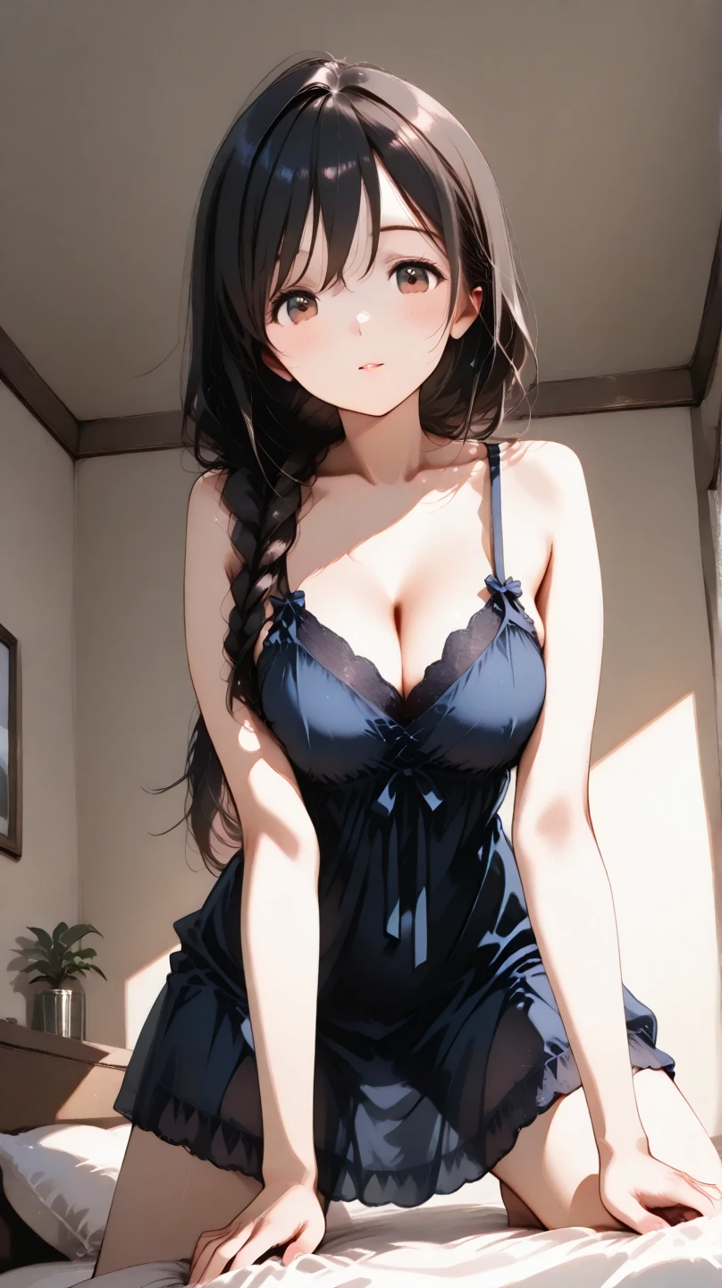 a girl seen from the floor, black pleated, a view from below, long stockings or pantyhose, pink camisole, large breasts, ((very detailed)), (perfectly detailed face), (very detailed hand), brown long hair, bright blue eyes, smirk, photorealistic image.