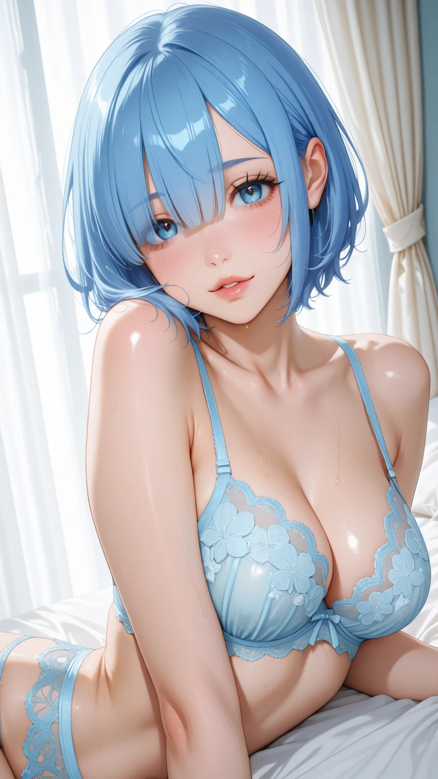 Anime boy in blue leotard with blue flowers and butterflies, Enchanting anime boy,, Men with short blue hair,  anime moe art style, beautiful alluring anime teen, Wallpaper Anime Blue Water, Bright blue shiny leotard, (Anime Boy), Beautiful charming anime men, aya takano color style、bare leg、highleg、Adolecente、Strapless、muscular、smile on face、fair skin、handsome