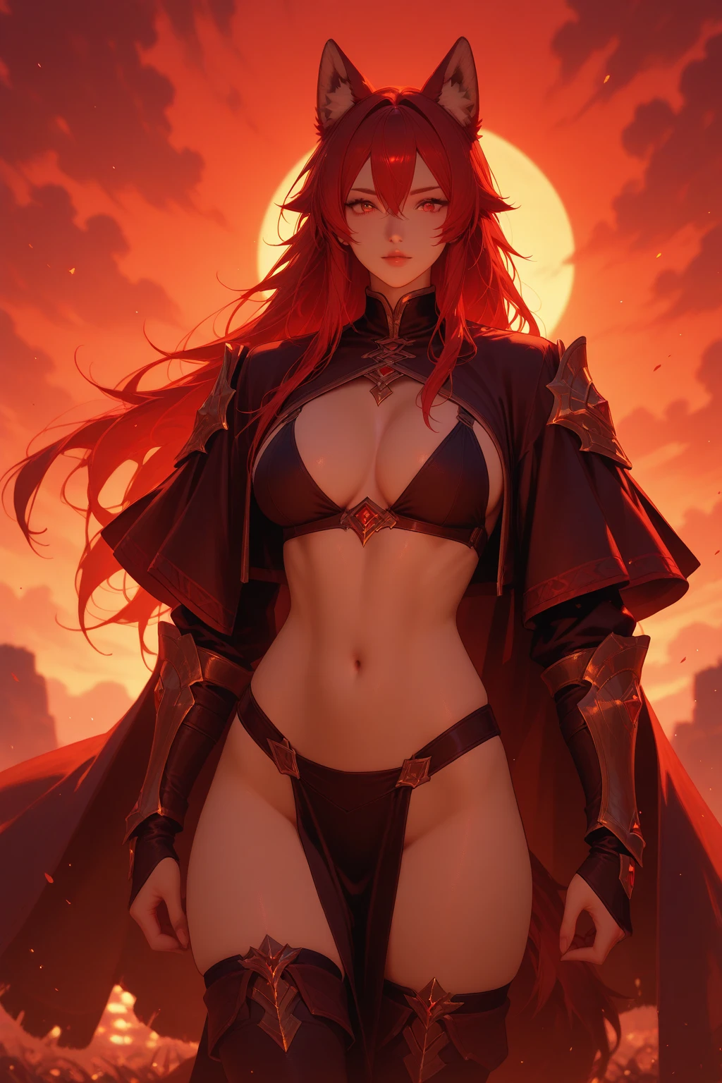(masterpiece, best quality, high resolution, ((full body, standing,)), ((huge breasts)) an elf woman ((dark skin)), pointed ears, golden eyes, red lips, red hair very long and disheveled, (very exotic full body fantasy warrior armor, jewelry and accessories, very long black fur cape, serious, full body