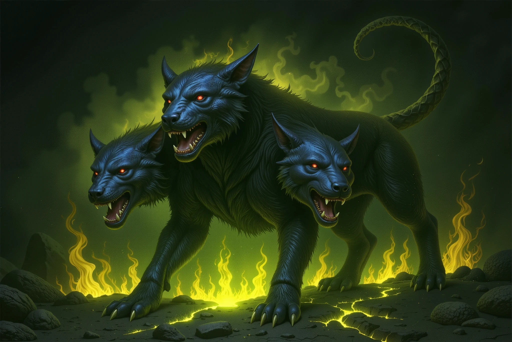 Dark and gloomy background. A three-headed monster (Cerberus), with black fur and glowing red eyes, is illuminated by a greenish light coming from below. Fissures in the rocks beneath its paws release yellow-green flames, illuminating the hellish environment. A scaly, serpent-like tail. Realistic dark fantasy style.