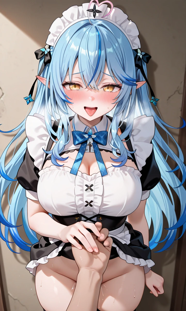 <lora:Maid:0.7>, ZoMaid, (blue skin), pointy ears, (stitches), twintails, zombie, thighs, ZBattire, maid, bare shoulders, thighhighs, apron, skirt, puffy sleeves, frills, maid headdress, wrist cuffs, cleavage, detached collar, mary janes, indoors, mansion, ((masterpiece)), (best quality), 8k, ultra-detailed, absurdress, beautiful, highres