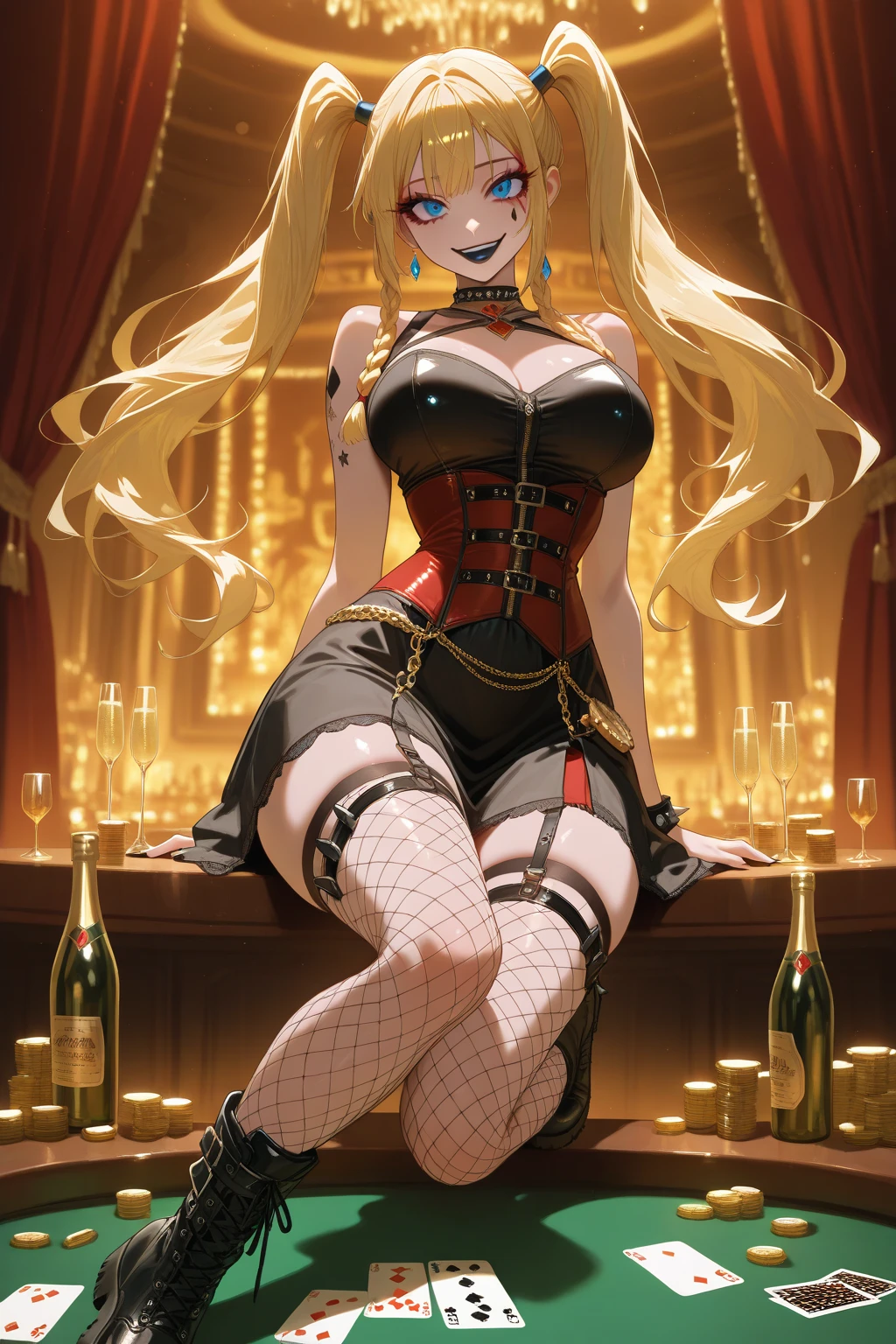 punctuation_9, punctuation_8_High above, punctuation_7_High above,punctuation_6_High above, punctuation_5_High above, punctuation_4_High above , breasts big, 1 girl, Bowsette, standing alone, hollow, hollow,smoke,cigar,Cigar in hand,smoke,makeHigh above, hair blonde, bangss, side locks, thick eyebrows, hair between the eyes, makeHigh above, Very TRANSPARENT black dress, collant preto, transparentes, black choker, thigh boots, separate breasts, sitting down,cross legs, pub \(place\), neon lights, light particles, bothered, half-closed eyes, dim_Lighting,