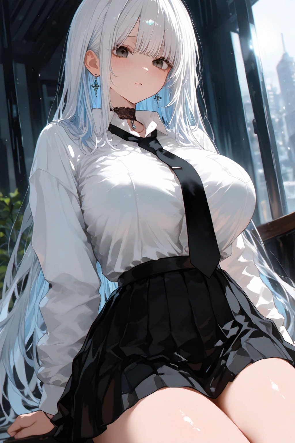 1个Giant Breast Girl，Realistic kneeling，Hiccups，Feeling cold，trembling all over，Clear suspenders，Leg straps，short  skirt，（long  white hair），blue color eyes，Rain-soaked tops，rainy days，Heartache expression