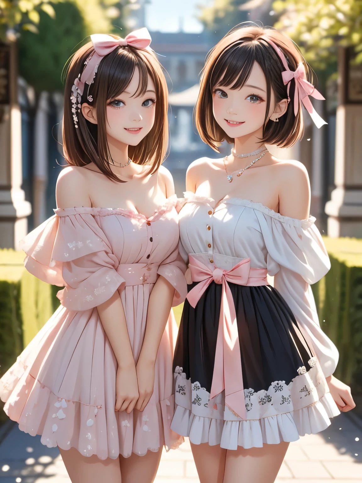 (masterpiece, best quality, ultra-detailed), two cute sisters smiling warmly at the camera in a dreamy garden full of pink camellia blossoms. The older sister gently holds one side of her frilly mini dress, slightly lifting it in a playful and elegant pose. The younger sister stands beside her with a sweet smile, hands down or lightly resting. The older has long black elegant hair with a shiny ribbon, the younger has a short cute bob with a large pink bow. Both wear pastel pink off-shoulder dresses with lace and satin ribbon details. Pearl accessories, soft light, shallow depth of field, knee-up framing, front view.