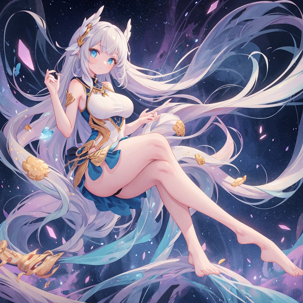 long hair of light blue and white,,Silver necklace shining like a star,Delicate makeup and shiny face,rcasual, Loose and simple cream sweatshirt,slim and smooth legs,I'm a sweet girl