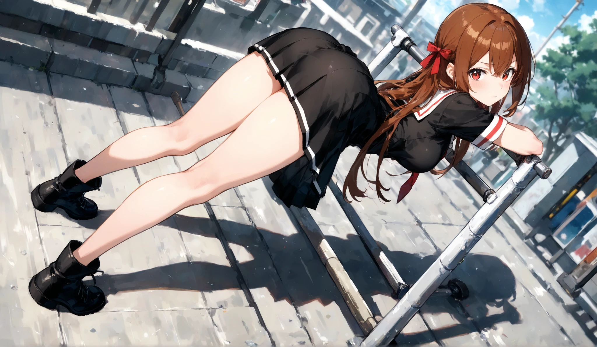 1girl, evil neuro-sama, (yuzu modoki), black skirt, pleated skirt, red eyes, black sailor collar, black cardigan, open cardigan, dark red ribbon, hair ribbon, two side up, ahoge, heart hair ornament, long sleeves, light brown hair, asymmetrical legwear, black thighhighs, black kneehighs, grey footwear, loafers, natural lighting, (masterpiece, best quality), night, skyline, detailed scenery, highly detailed, finely detailed, animal collar, cat ears, cat tail, tail bow, all fours, swimsuit, swimsuit under clothes, back, looking back, top down bottom up, from above, wet, steam, see-through, wet clothes, from behind,