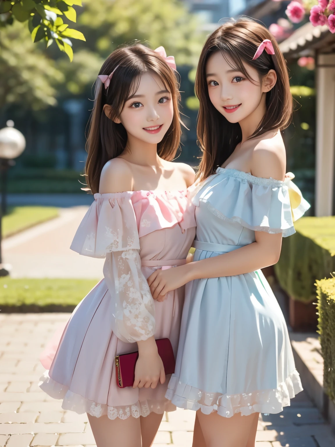 (masterpiece, best quality, ultra-detailed), two cute sisters smiling warmly at the camera in a dreamy garden full of pink camellia blossoms. The older sister gently holds one side of her frilly mini dress, slightly lifting it in a playful and elegant pose. The younger sister stands beside her with a sweet smile, hands down or lightly resting. The older has long black elegant hair with a shiny ribbon, the younger has a short cute bob with a large pink bow. Both wear pastel pink off-shoulder dresses with lace and satin ribbon details. Pearl accessories, soft light, shallow depth of field, knee-up framing, front view.