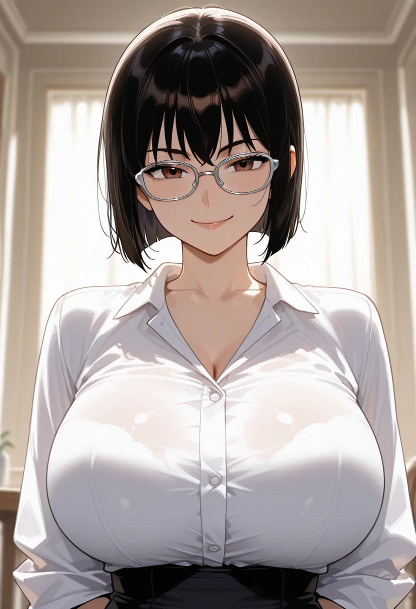 1 milf, long black hair, very big breasts, wearing glasses, smiling lewdly, blushing