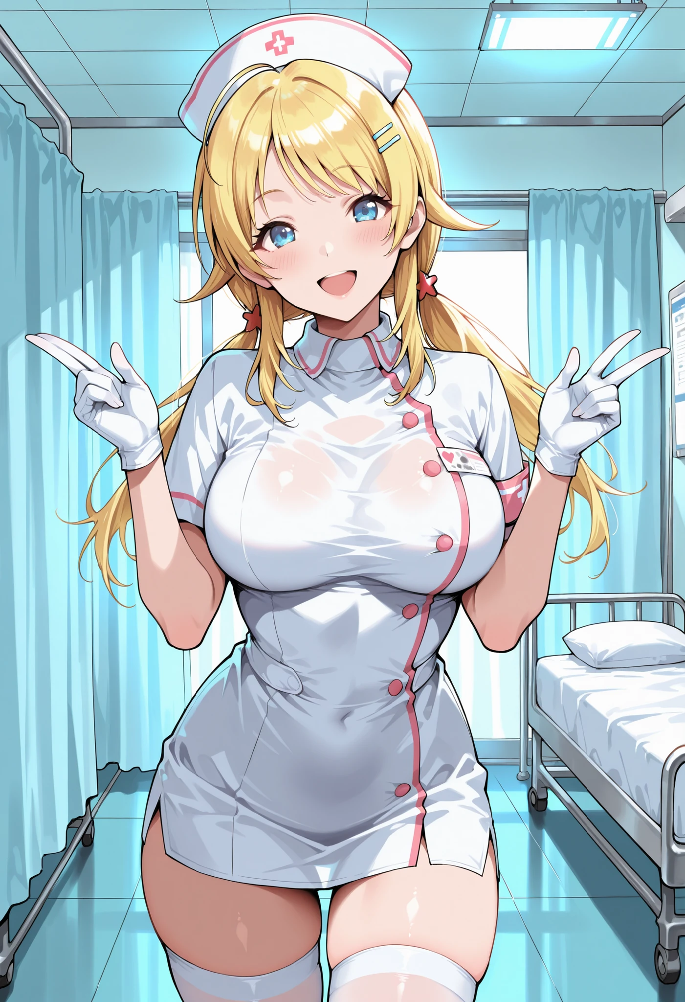 (((1 big fist))), female is rising up 1 fist with 1 arm, 1 Female, nurse, nurse cap, white, arm up, ((White legwear, zettai ryouiki)), (sagging massive breasts), White gloves, Blonde Hair, blue eyes, Pink Lips, smile, Pose with depth, ((Hospital room)), Sharp contours, Short sleeve, Mature Woman, Age 35, ((from above)), highest quality, masterpiece