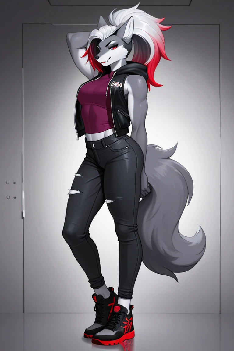 anime fantasy anthro style, a beautiful adventurer, (wolf with white fur), ((long red hair with black highlights)), open jacket over a loose t-shirt, short jeans shots, ripped tights, boots, hourglass body, mature beauty, (((posing))), confident smile. Highly detailed, fantastic action scene