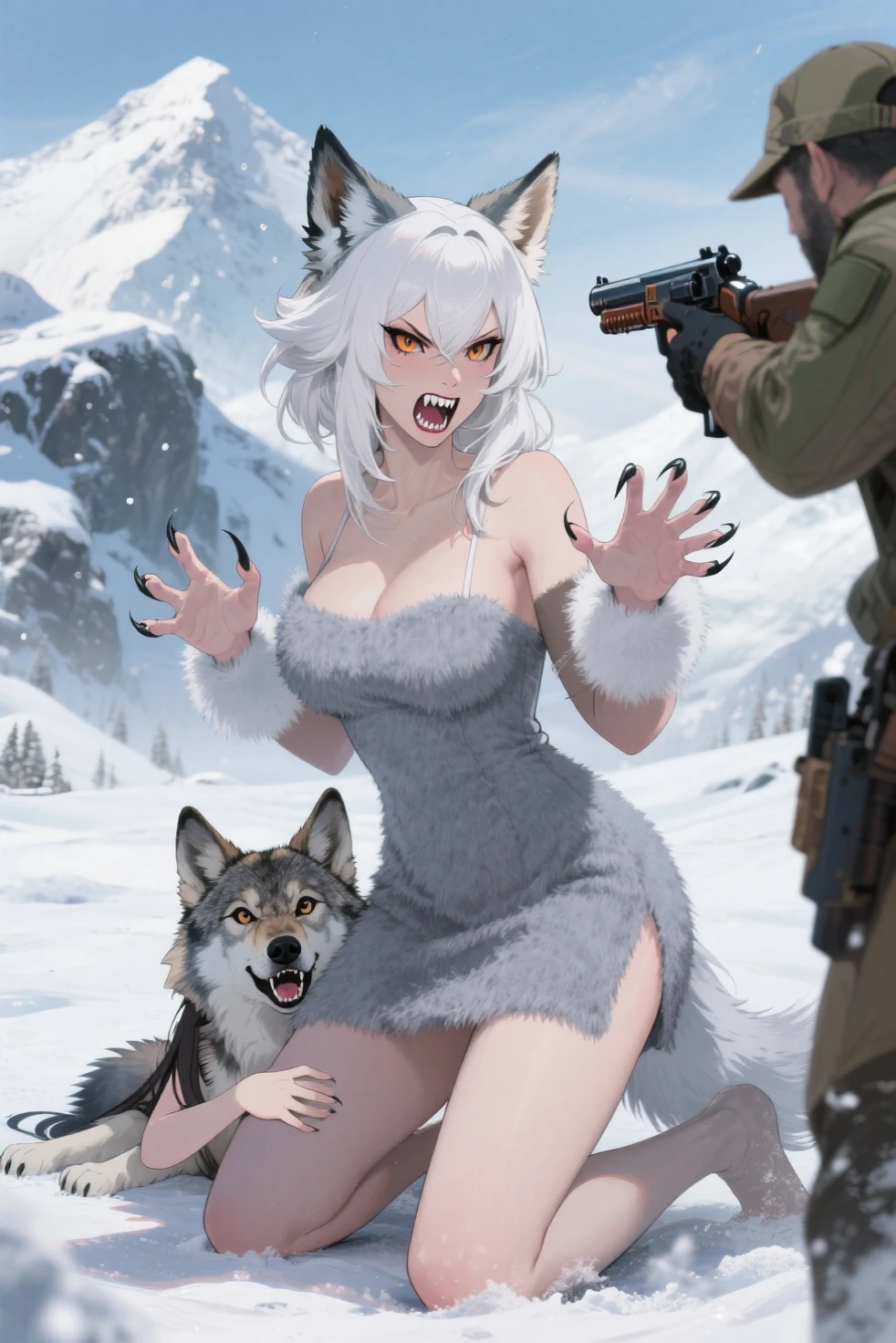 4k Highly detailed and realistic digital extremely high quality RAW photos, A portrait of a woman who has lived with wolves all her life、Now he leads his wolves into battle. Torn clothing is exposed (nude:1.4) body, Armored Shoulders, tooth, Wrapping angle, Big Breasts, ((Snow and Blood)), ((Wolf Tattoo)), amazing, Surreal, Hyperrealism, 8k, Cinema Lighting,Wow, (1 1 1.8. Short focus bokeh)