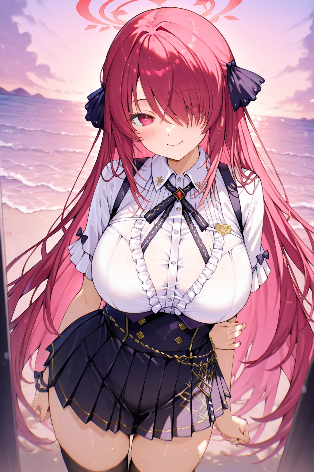 masutepiece, Best_Quality, hight_resolution, miko2,Ponytail, 1girl, young_teen,Ahoge, black headwear, Hair Ornament, White shirt, black thighhighs, Pink hair, Red_skirt, very_short_skirt, plaid skirts, garter_strap, Collared shirt, hair clips, frilld, Bangs, hair between eye, frills skirt, beret, Pleated skirt, Hair Flower, Neck bell, , puffy long sleeves, Black bow, Underbust, Cowboy Shot,Smile, (gigantic_breasts:1.3),covered_nipples, covered_pussy,green_eyes, happy, childlike_posing,spread_legs,(big_smile:1.2),plump,open_mouth,shout,half_eyes,cherryblossom_park_background,