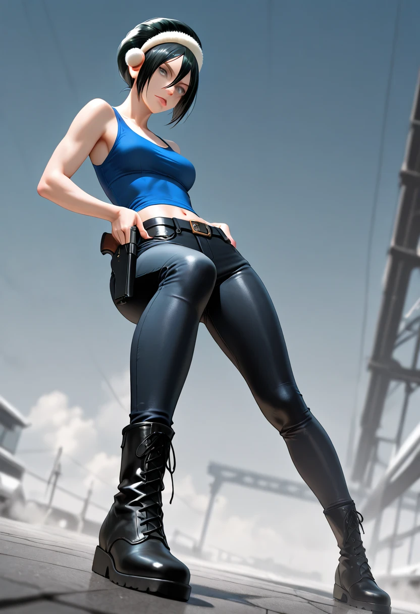 blue t-shirt, black boots, light blue pleated mini skirt, short hair, beauty, evil smile, black hair, bad smile, bad woman, late night, brown eyes, alone