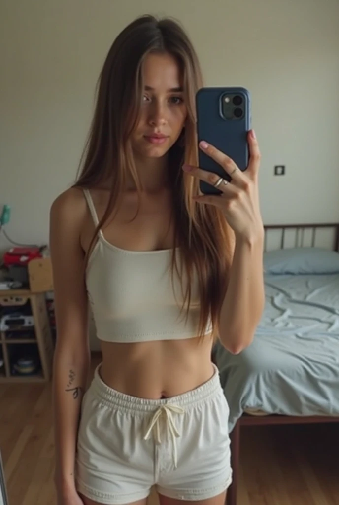 arafed woman in a white top and tan shorts taking a selfie, her belly button is exposed, 2 4 year old female model, anna nikonova aka newmilky, tight outfit, instagram model, fit dainty figure, perfect body, fit pic, attractive body, photo of slim girl, beautiful midriff, 1, fit girl, toned body